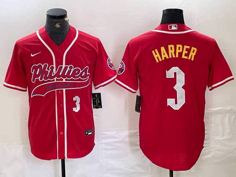Mens Philadelphia Phillies #3 Bryce Harper Number Red Cool Base Stitched Baseball Jerseys